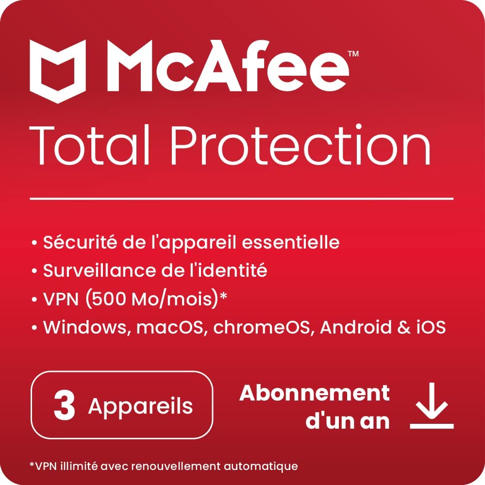 McAfee Total Protection 2023 | 3 appareils | Antivirus et sécurité Internet | VPN | 1 an